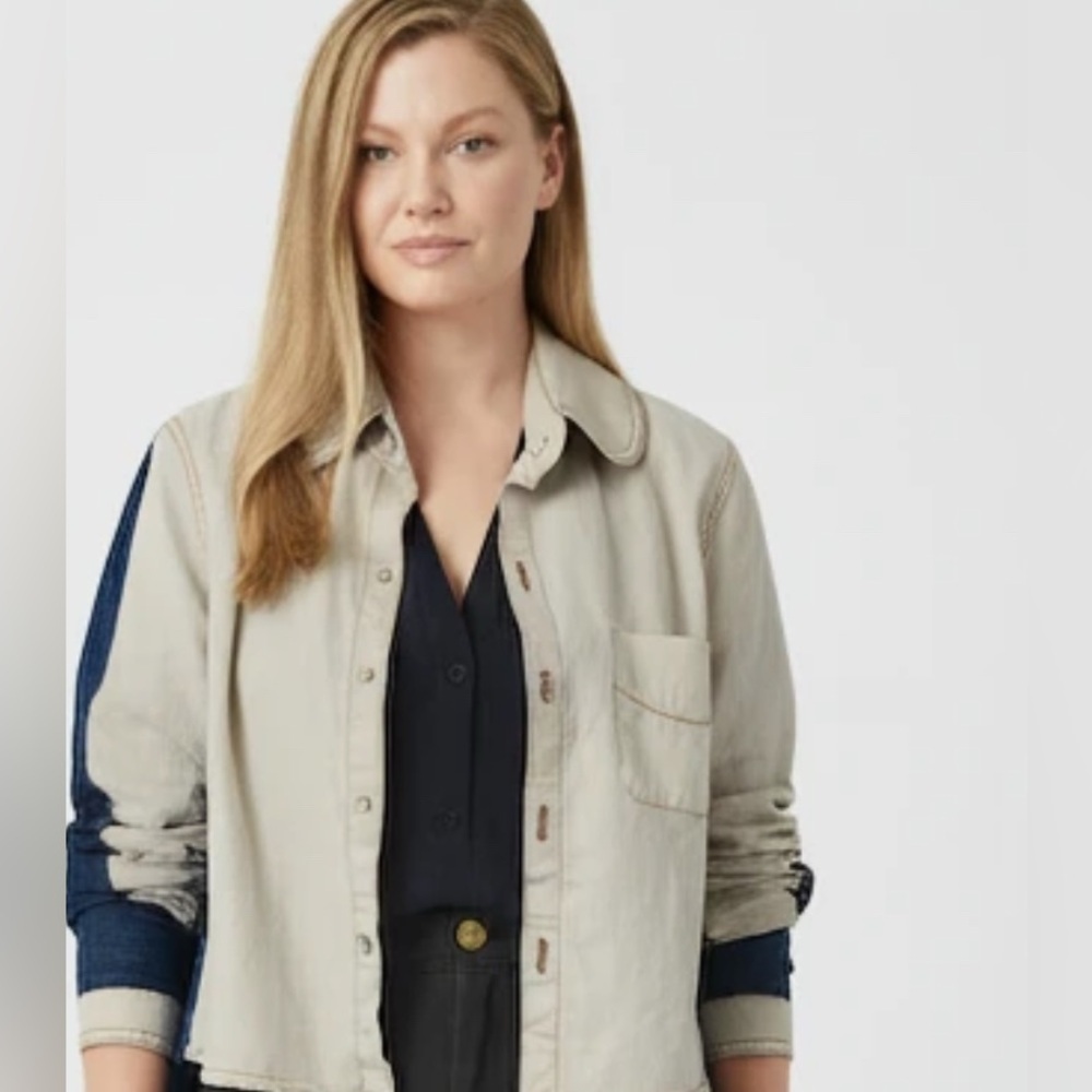 Farm Rio two tone lightweight jacket / button up cream blue coastal indie core
